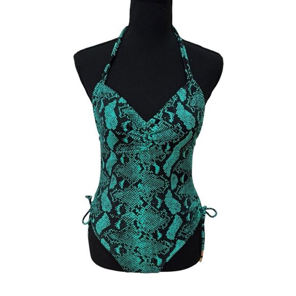 No Boundaries Green Snake Print Halter Swimsuit - Picture 1 of 7